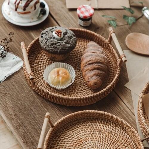 Plant Rattan Storage Tray with Wooden Handle Hand Serving Trays Woven Wicker Basket Bread Fruit Food Breakfast Tea Cake Platter