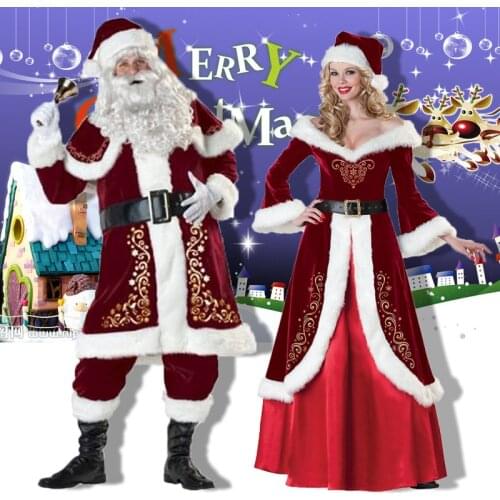 M-XXXL 2020 New Deluxe Velvet Christmas Santa Claus Suit Adult Mens Costume gloves + shawl+hat+clothes+belt+Foot cover+gloves