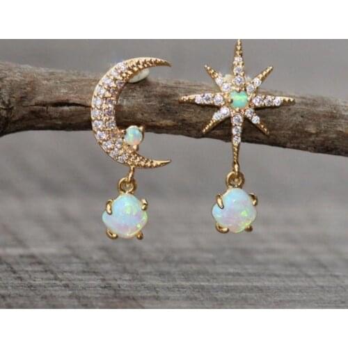 Tiny Opal Moon & Star Earrings Asymmetric Gold Star White Fire Opal Stud Earring Petite Minimalist Earrings for Women Jewelry