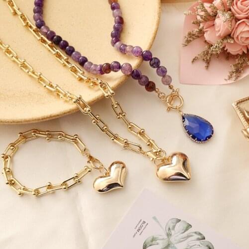 Multilayers Purple Natural Stone Beads Heart Charm Pendant Necklace Women Girls Gold New Bohemia Boho Necklace Jewelry Gift