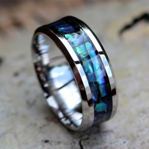 Fashion 8mm Stainless Steel Men Ring Silver Color Brushed Inlaid Abalone Shell Men Wedding Band Jewelry Gift Size 6-13