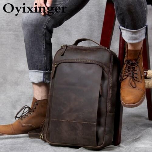 OYIXINGER mens Genuine Leather laptop Backpack vintage Crazy Horse Cowhide Laptop Bag For 15" notebook Handmade Travel Backpack