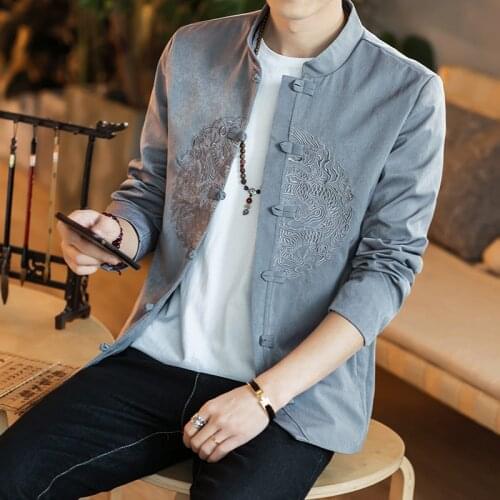 Autumn New Chinese Style Mens Clothing Embroidery Coat Casual Jacket Tops Retro Mens Traditional Clothes Long Sleeve Overcoat