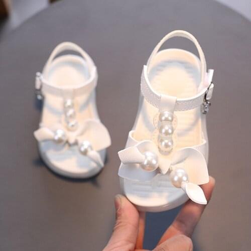 Baby Little Girls Summer Pearl Sandals 2021 New Beading Bow Princess Dress Shoes Flat Beach Toddler Sandals 1 2 3 4 5 6 Year Old