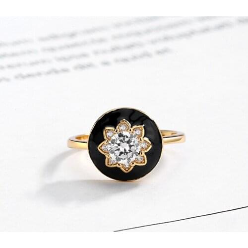 S925 Silver Ring Womens INS Cold Light Wind Minority Black Drop Oil Glazed Flower Ring Silver Ring