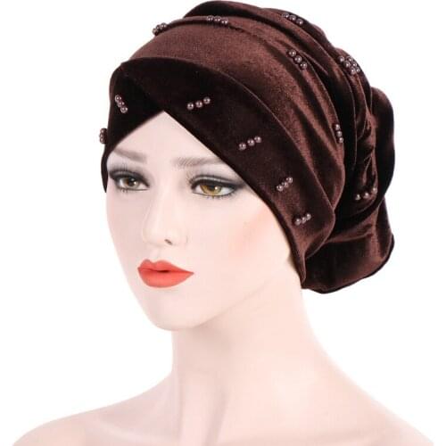 New Velvet Fabric pearls beads Head Cap Cross turban Stacking muslim hat Beanie Ladies Hair Accessories Solid Skullies Bonnet