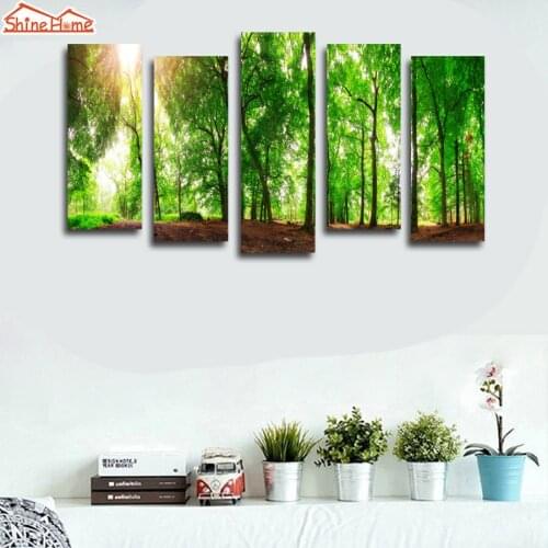 ShineHome-5 Panel Canvas Art Prints Nature Painting Forest Trees Pictures Waterproof Living Room Walls Decoration With Frame