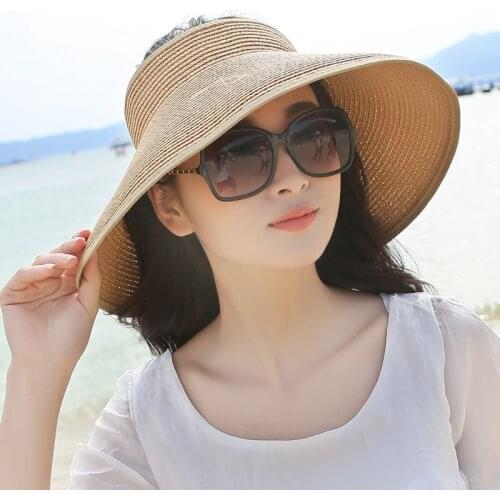 Straw Hat Women Summer Sunscreen Sun Hats Wide Brim Female Empty Top Cool Cap Travel Sun Protection Folding Beach Caps H254
