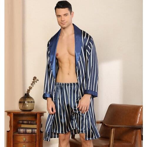 Blue White Striped Bathrobe Shorts Two Piece Robe Set Silk Kimono Men Sexy Sleeprobe Soft Cozy Long-Sleeve Bath Gown M-7XL
