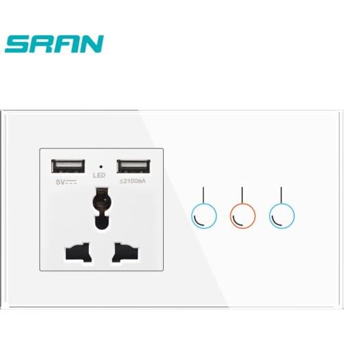 SRAN wall outlet with USB, touch switch 2 Gang 1 Way crystal tempered glass panel 146*86mm household universal socket 5V 2.1A
