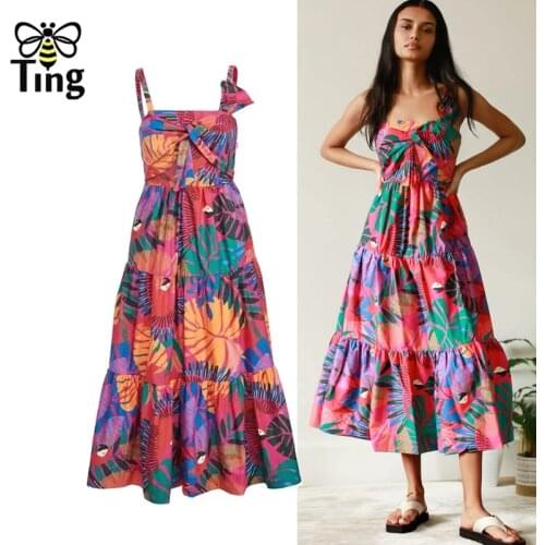 Tingfly Vintage Bohemian Print A Line Dress Strap Boho Leaf Summer Beach Vacation Dress Midi Long Party Dress Vestidos Zaful