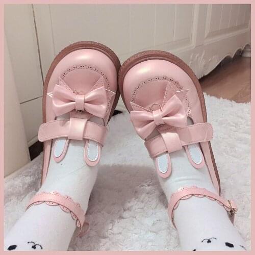 Bowknot Kawaii Lolita Shoes Flats Round Toe Female Platform Thick Bottom Jk Uniform Lolita Girls Japanese Harujuku Shoes Loli