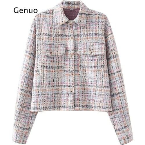 2021 Autumn Womens Elegant and Fashionable Woolen Pocket Plaid Shirt Jacket Rabbit Fur Long Sleeve Color Matching Coat Female