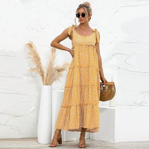 2021 Women Summer Sexy Sling Lace Up O Neck Dot Print A Line Dress Lady Elegant Ruffle Patchwork Maxi Dresses Femme Robe Vestido