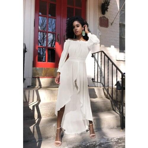 Fashion Spring And Summer Womens Sexy Pleated Straps Chiffon One-Line Collar Waist Irregular Large Skirt Dress Women