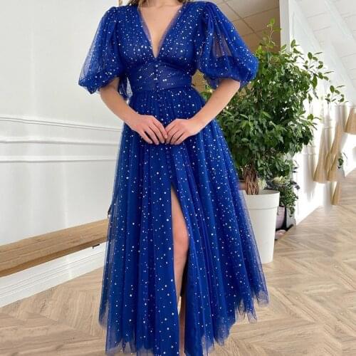 Elegant Royal Blue Evening Party Dresses Puff Short Sleves 2021 Star Moon Tulle Prom Dress Ankle Length Robe de Soriee Split