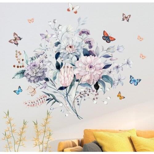 Watercolor Plant Flower Wall Sticker Living Room Sofa Backdrop Wall Decoration Rose Butterflies Decals Bedroom Wallpaper