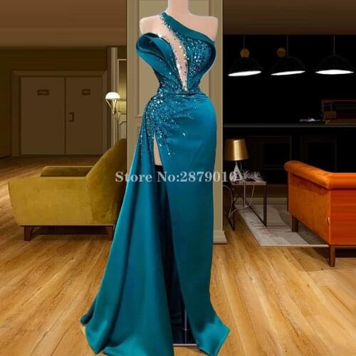 Arabic Generous Beaded Pageant Evening Dress Sheath Full-Length Bling Sequins Prom Dress Slit Gown Dress Formal Dress 2020 Dubai