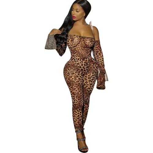 Adogirl Leopard Print Sheer Mesh Night Club Party Jumpsuits Women Sexy Slash Neck Off Shoulder Long Sleeve Romper Female Outfits