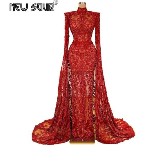 Red Muslim Mermaid Evening Party Gowns Wedding Formal Middle East Prom Dress Long Sleeve Beading Gowns Vestidos De Festa 2020