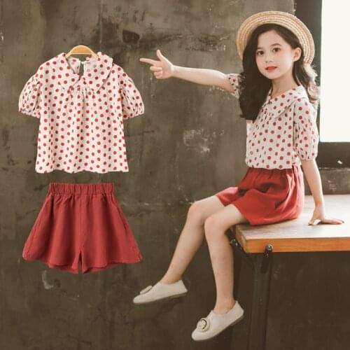 Girls Summer Wave Point Clothes 2021 New Casual Chiffon Thin T-shirt + Shorts Two Pieces Sets 4-12 vetement ensemble fille