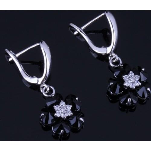 Sweet Flower Black Cubic Zirconia White CZ Silver Plated Drop Dangle Earrings V0766