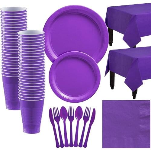 Purple Plastic Tableware Party Supplies Set Plates Cups Table Cover Napkin Disposable Birthday Dinnerware Decoration Anniversary
