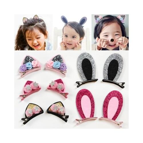 2PCS/Set Cute Hair Clips For Girls Glitter Rainbow Felt Fabric Flowers Hairpins Cat Ears Bunny Barrettes Kids Hair Accessories