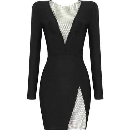 2021 New Arrival Bandage Dresses Black Long Sleeve O Neck Long Sleeve Beading Sexy Party Club Celebrity Elegant Women Dress