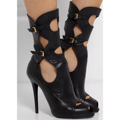 Sexy Cut Out Ladies High Heel Boots Black Smooth Leather Women Peep Toe Boots Ankle Buckles Knight Style Female Fashion Boots