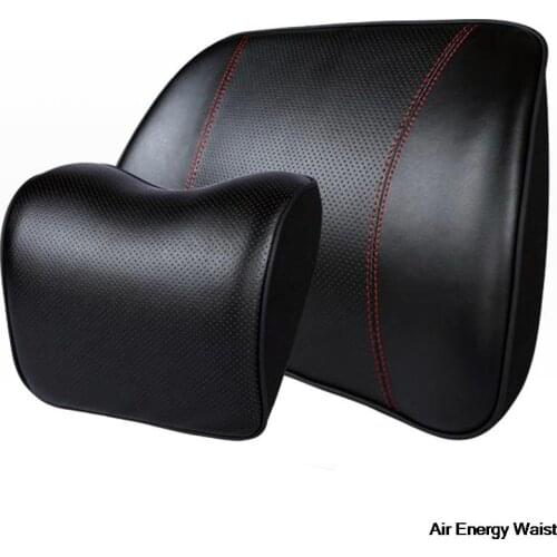 Genuine Leather Car Neck Pillow Set Memory Foam Auto Rear Seat Back Headrest Lumbar Supports Travel Cushion Cover Accessories