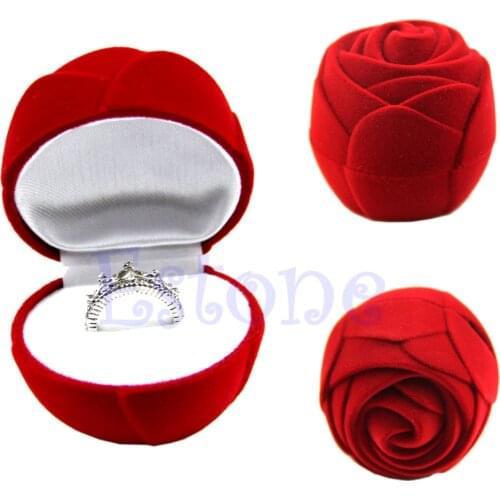 Rose Flower Flocking Ring Holder Display Box Storage Jewelry Box Gift J78F