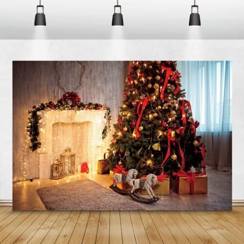 Christmas Backdrops For Photography Fireplace Pine Tree Gift Bulb Candle Baby Toys Interior Photo Background For Photo Studio