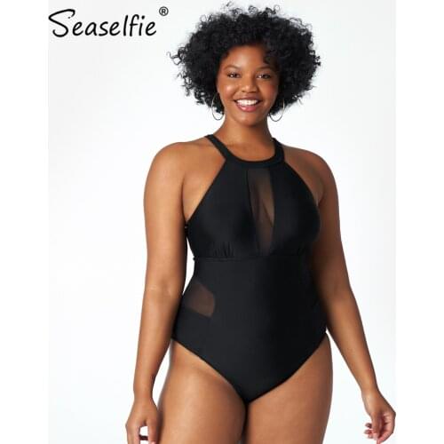 SEASELFIE Plus Size Black High Neck Mesh One Piece Swimsuit Women Large Size Sexy Monokini Bathing Suit 2021 New Beach Swimwear