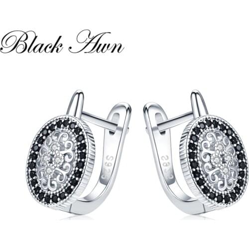 [Black Awn] Classic 925 Sterling Silver Round Black Trendy Spinel Engagement Hoop Earrings for Women Fine Jewelry Bijoux I149