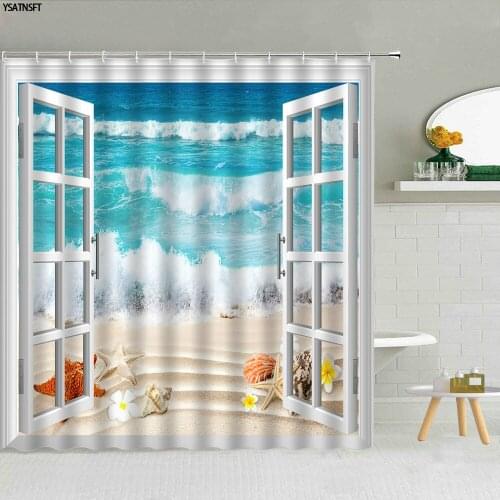 Beach Starfish Shell Ocean Shower Curtain False Window Swan Lotus Mountain Landscape Bathroom Supplies Curtains Fabric With Hook
