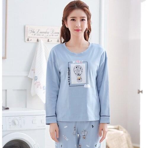 Blue Cartoon Print Pajamas Set Womens Home Wear Suit Long-sleeved Top And Trousers 2 Pcs Set