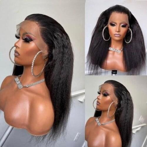 Synthetic Kinky Straight Yaki Front Lace Wigs For Women Long Straight Synthetic Hair Middle Part Lace Wig Natural Hair