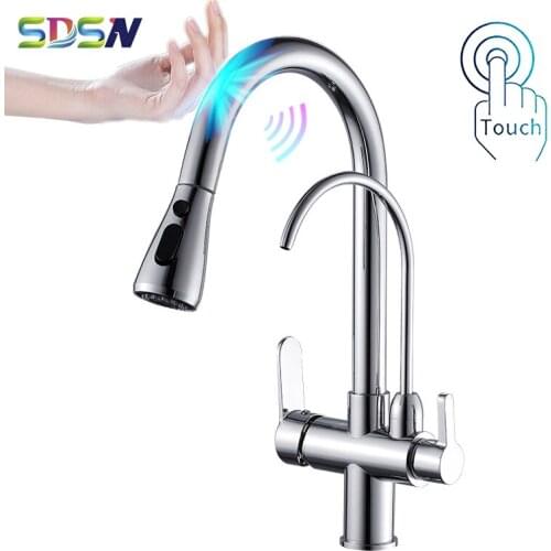 Chrome Touch Kitchen Faucet with Pull Out Sprayer Brass Filter Kitchen Mixer Tap Sensor Touch Filter Kitchen Faucets Pull Down