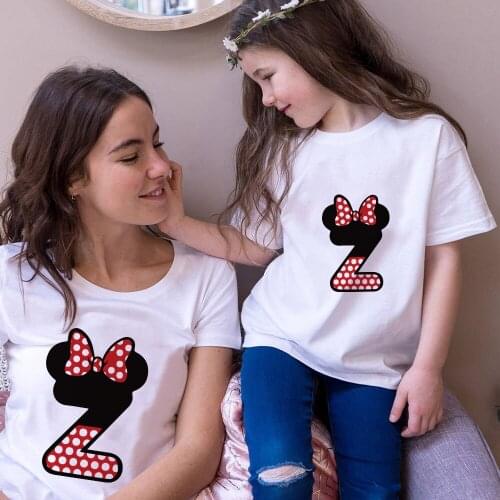 Mickey Mouse Style Letters ABC Print Family Matching Clothes Outfits Mommy Daughter Summer Short Sleeve O-neck White Tee Shirts
