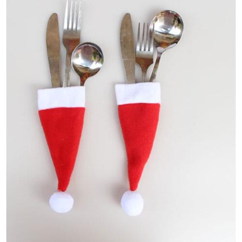 10 Pcs/Set Christmas Hat Cutlery Bag Candy Gift Bags Cute Pocket Fork Cutter Holder Table Dinner Decoration AUG889
