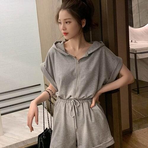 Womens Hooded Sweatshirt Short Jumpsuit 2021 Summer New Short-Sleeved Zipper Drawstring Jumpsuit Loose Casual Sports Jumpsuit