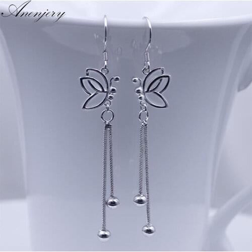 ANENJERY 925 Sterling Silver Butterfly Earrings Long Tassel Beads Drop Earrings For Women Boucle d'oreille oorbellen S-E65
