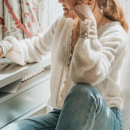 Lace Patchwork Knitted Jumper Women Long Sleeve V neck Ruffles Chic Elegant Cardigan Autumn Winter Warm Vintage Sweater 2020