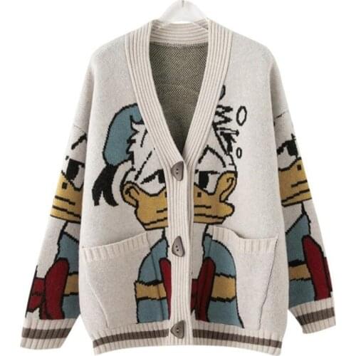 Disney Donald Duck Knitted Sweater Cartoon Women Knitwear Top Ladies V-Neck Button Cardigan Autumn Winter Loose Oversized Jumper
