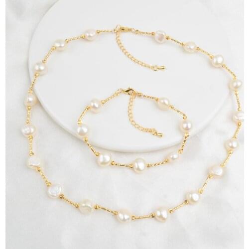 ASHIQI Natural Freshwater Pearl Jewelry Set Necklace Bracelet for Women NE+BR