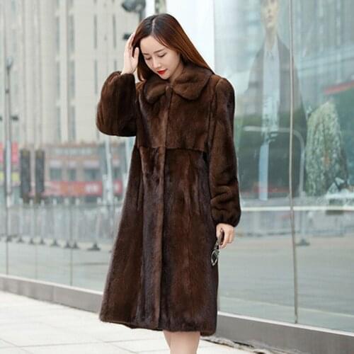Women real mink fur coat long section female whole mink fur overcoat lapel long sleeve winter outerwear