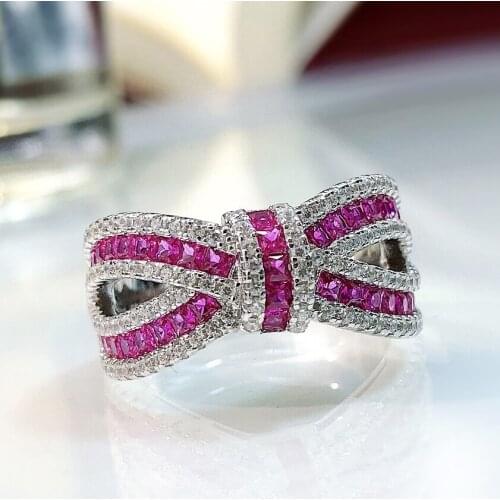 Bow Gemstone Ring S925 Sterling Silver Pink Crystal Zircon Romantic For Woman Anniversary Party Fine Jewelry