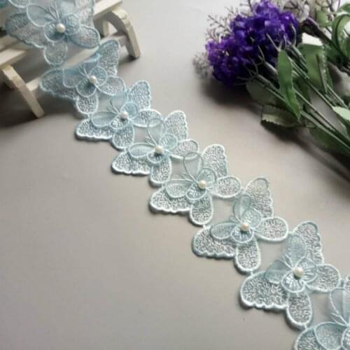 1 yard Blue Butterfly Bowknot Pearl Embroidered Lace Trim Fabric Lace Ribbon Handmade DIY Sewing Craft For Costume Decoration