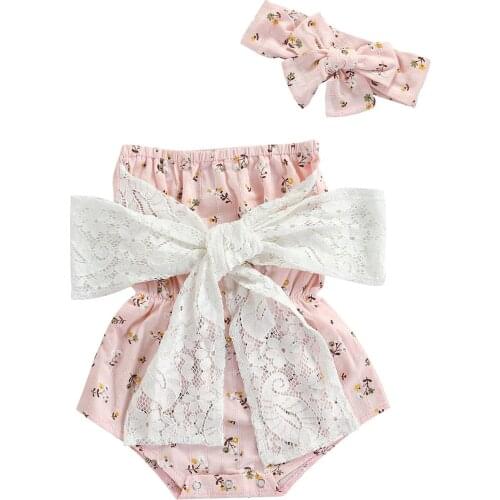 2Pcs Fashionable Baby Girls Outfit Sweet Style Summer Floral Printing Bow Decoration Strapless Sleeveless Romper + Headwear